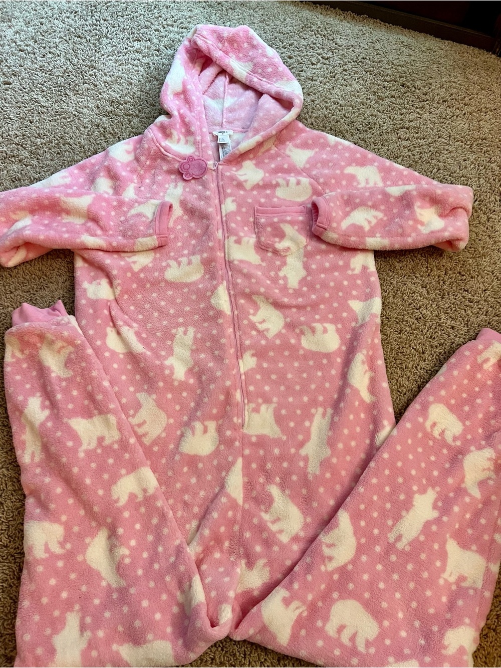 Womens Pink Polar Bear Hooded Fleece Pajama Onesie size large